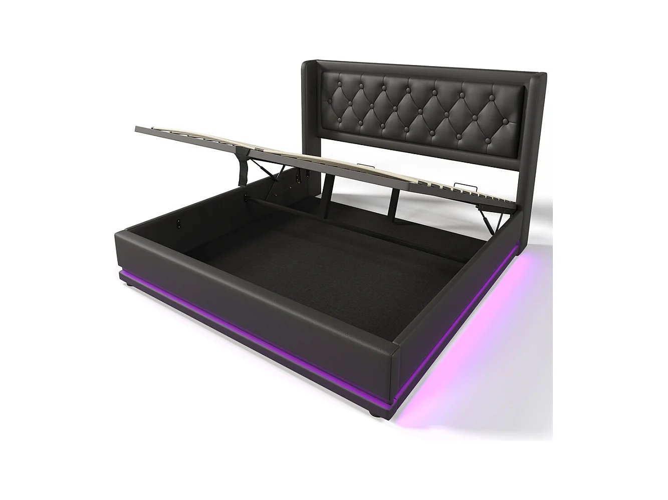 Lit rembourré hydraulique 180x200cm lit de rangement lit double avec fonction de charge usb type-c tête de lit pu noir