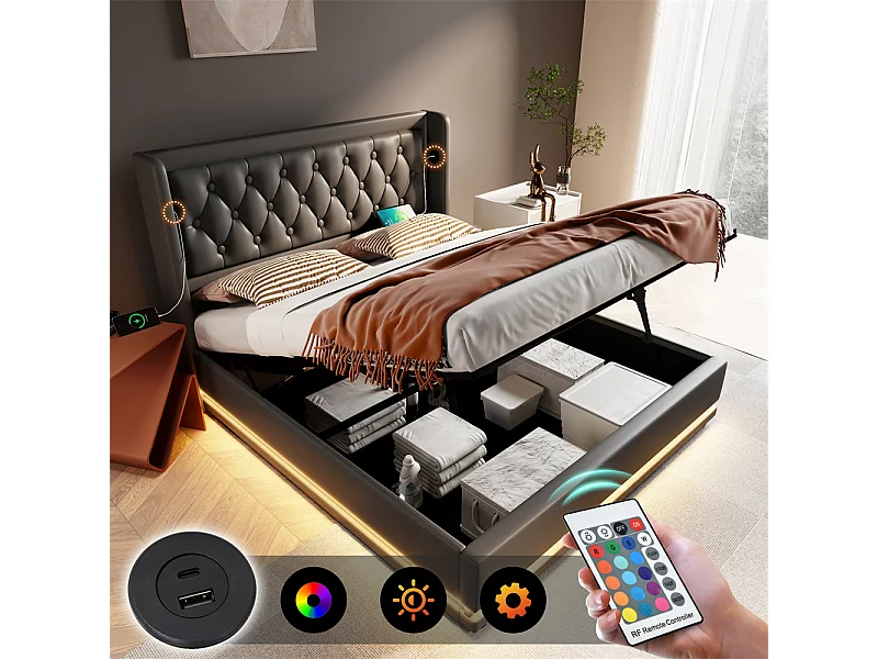 Lit rembourré hydraulique 180x200cm lit de rangement lit double avec fonction de charge usb type-c tête de lit pu noir