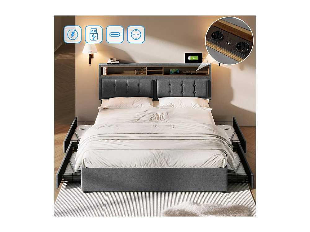 Volwassen bed 140x200 cm gestoffeerd bed met vier lades met houten lattenbodem tweepersoonsbed grijs linnen