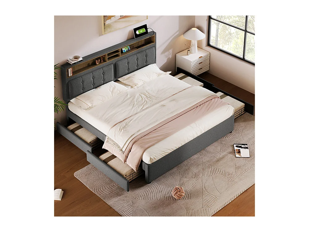 Volwassen bed 140x200 cm gestoffeerd bed met vier lades met houten lattenbodem tweepersoonsbed grijs linnen