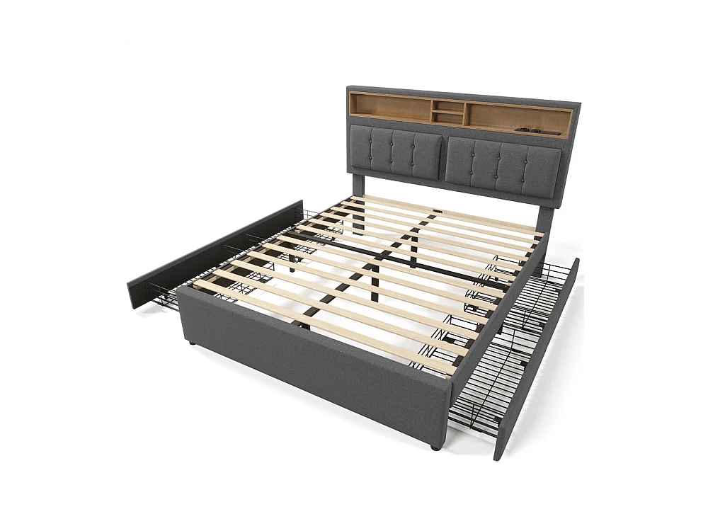 Volwassen bed 140x200 cm gestoffeerd bed met vier lades met houten lattenbodem tweepersoonsbed grijs linnen