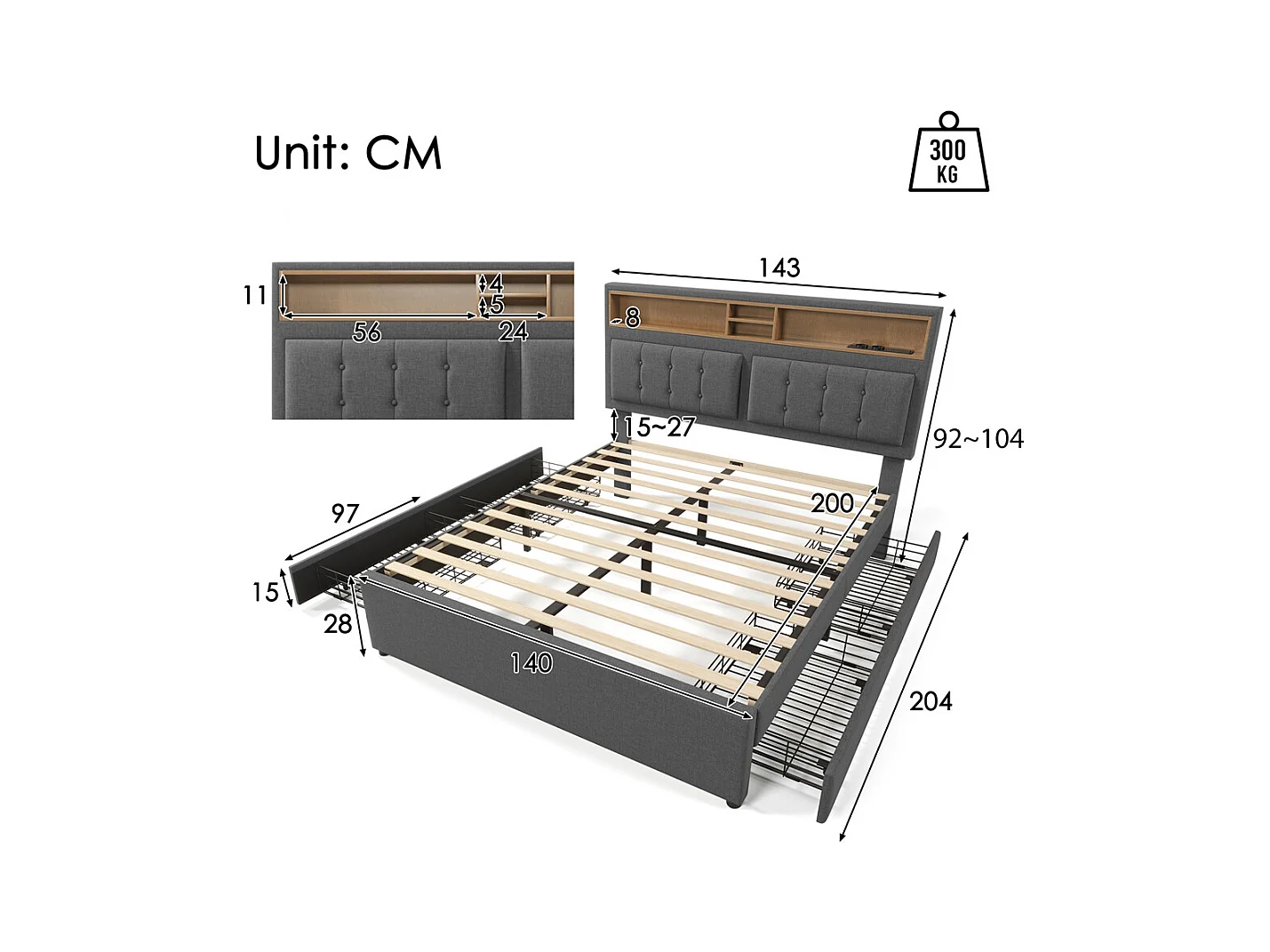 Volwassen bed 140x200 cm gestoffeerd bed met vier lades met houten lattenbodem tweepersoonsbed grijs linnen