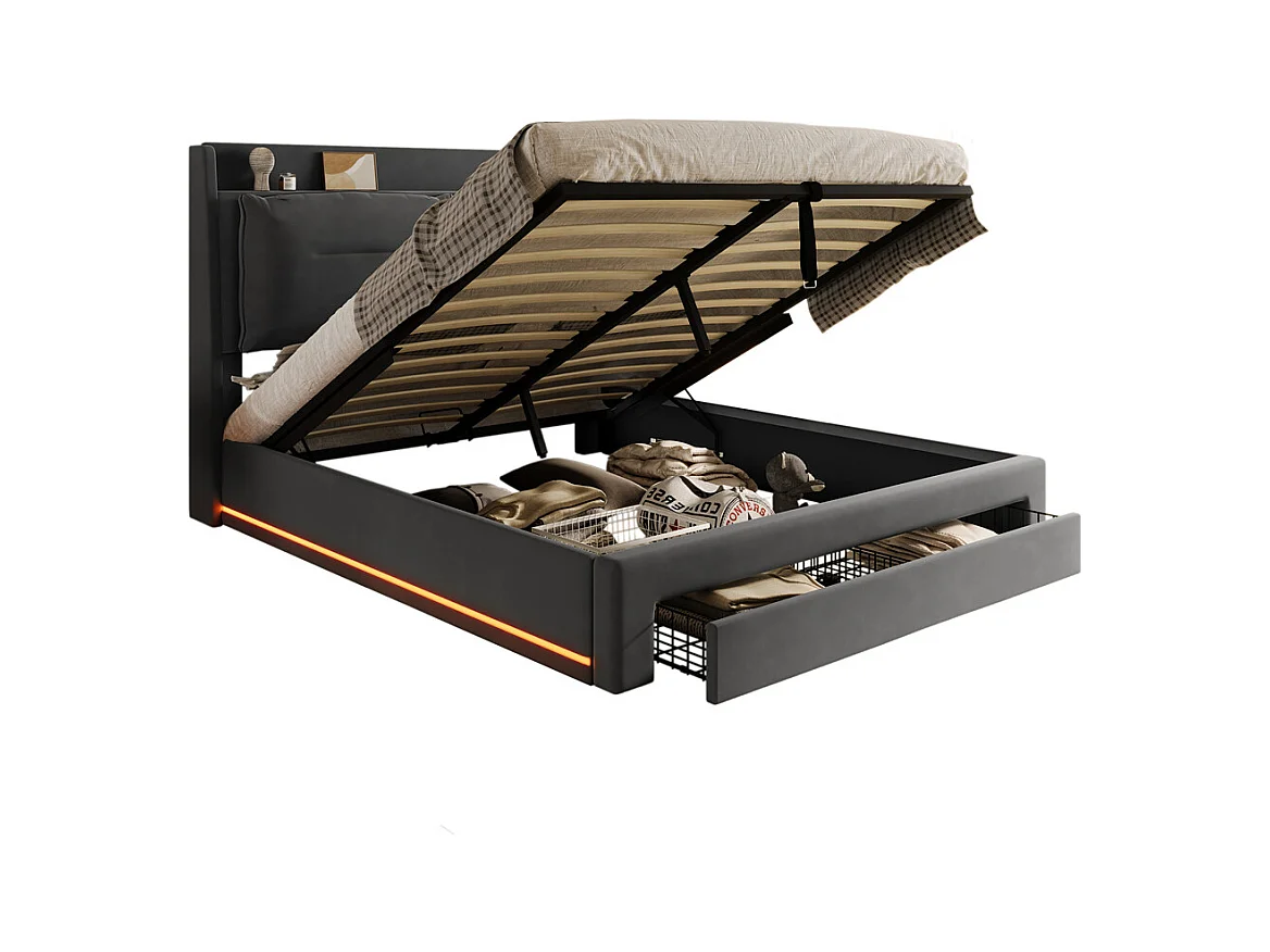 Hydraulisch gestoffeerd bed 140x200cm, opberglades, met lattenbodem, zonder matras, fluweel, donkergrijs