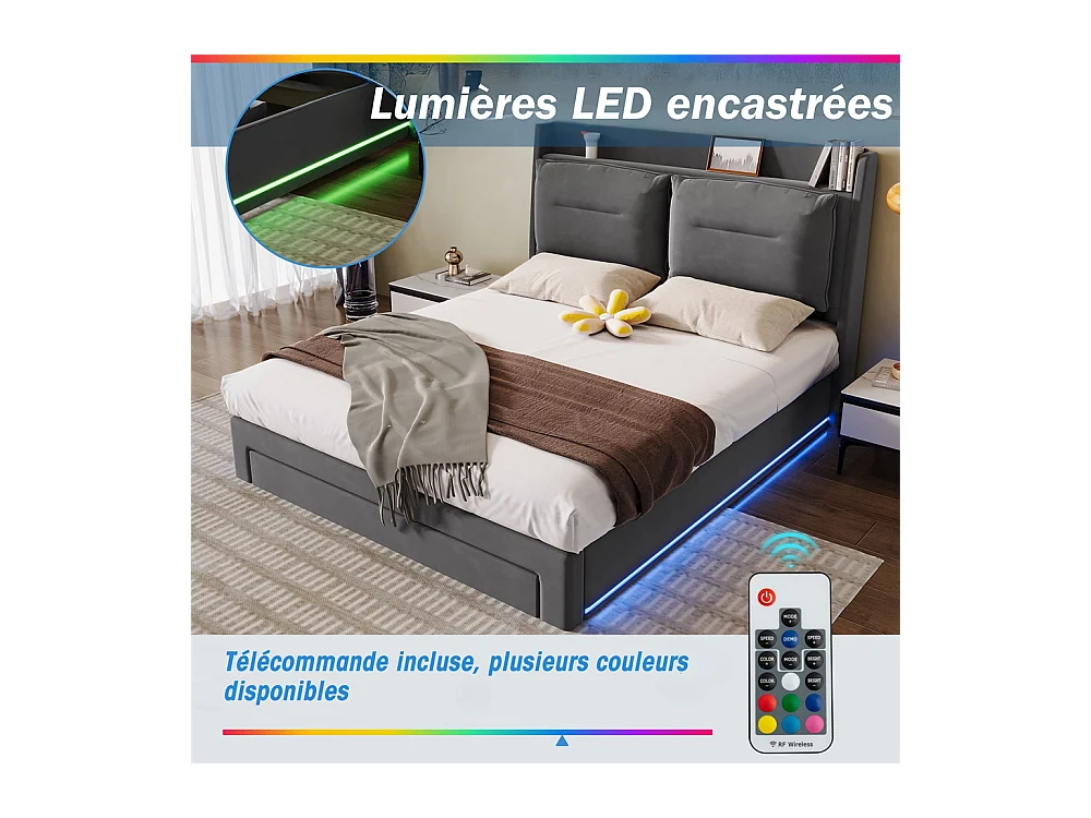 Hydraulisch gestoffeerd bed 140x200cm, opberglades, met lattenbodem, zonder matras, fluweel, donkergrijs