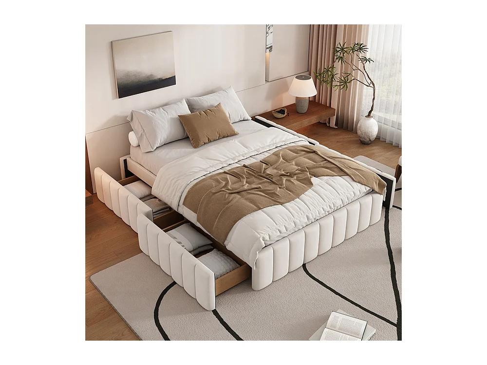 Volwassen bed 140x200 cm gestoffeerd bed met 4 lades Eenpersoonsbed beige fluweel