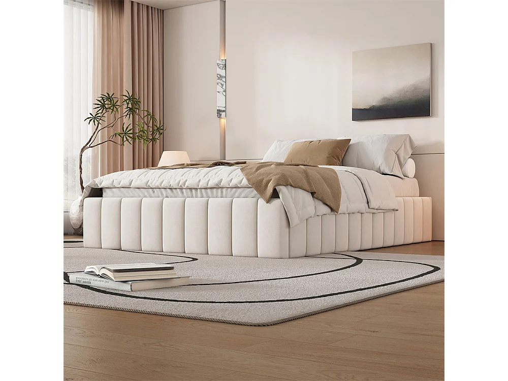 Volwassen bed 140x200 cm gestoffeerd bed met 4 lades Eenpersoonsbed beige fluweel