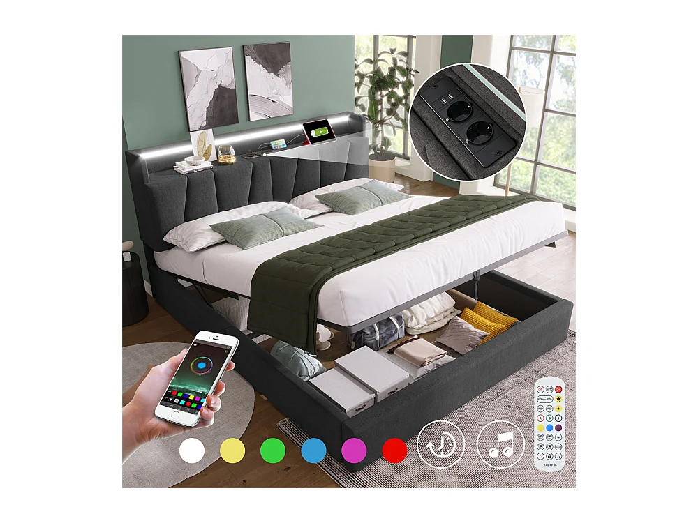 Lit rembourré 160x200cm, lit avec rangement, lit double avec fonction de recharge USB, éclairage LED et sommier à lattes, gris