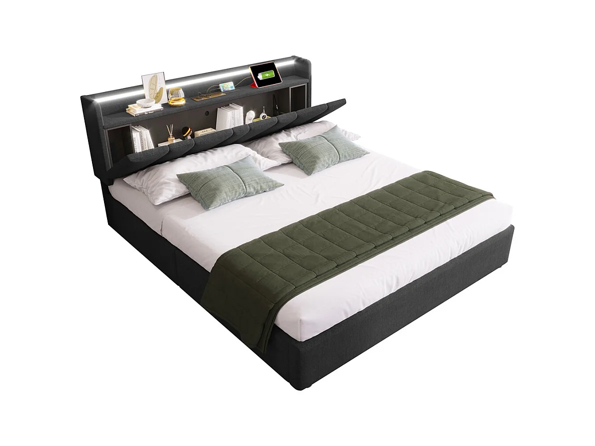 Lit rembourré 160x200cm, lit avec rangement, lit double avec fonction de recharge USB, éclairage LED et sommier à lattes, gris