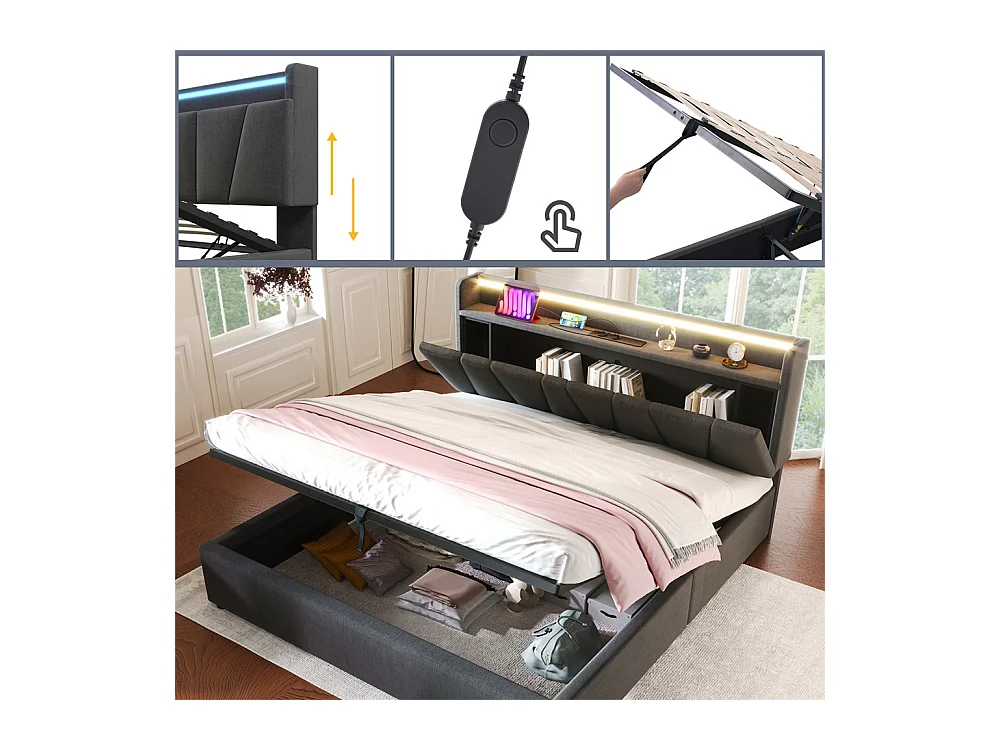 Lit rembourré 160x200cm, lit avec rangement, lit double avec fonction de recharge USB, éclairage LED et sommier à lattes, gris