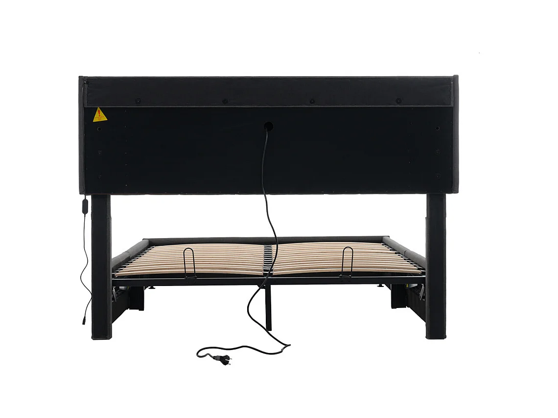 Lit rembourré 160x200cm, lit avec rangement, lit double avec fonction de recharge USB, éclairage LED et sommier à lattes, gris