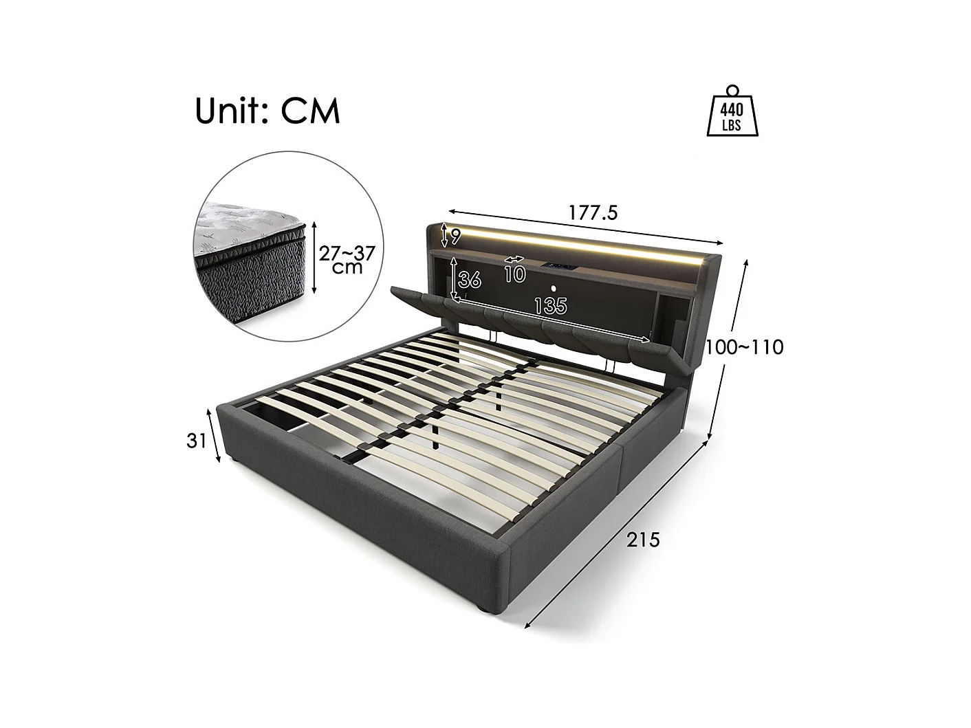 Lit rembourré 160x200cm, lit avec rangement, lit double avec fonction de recharge USB, éclairage LED et sommier à lattes, gris