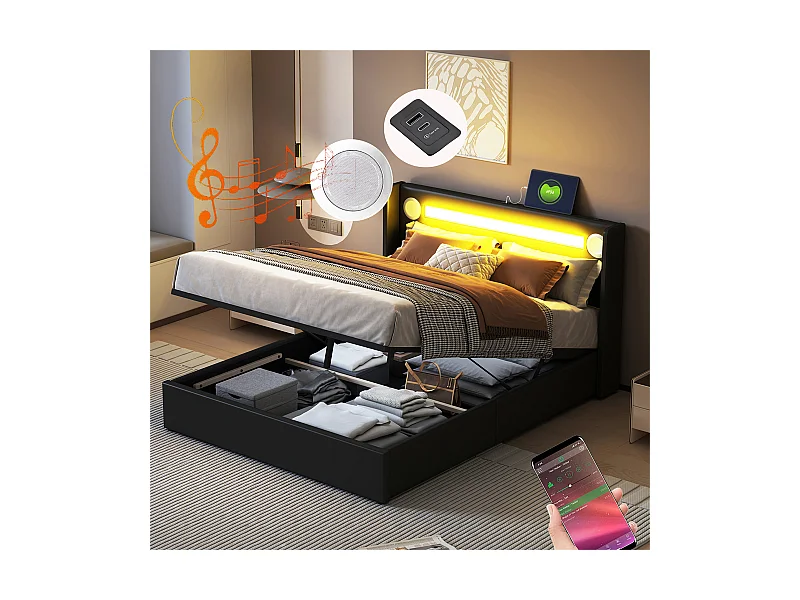 Lit rembourré 140x200cm lit sommier à lattes lit barre lumineuse à led lecteur bluetooth et recharge usb lit double cuir pu noir