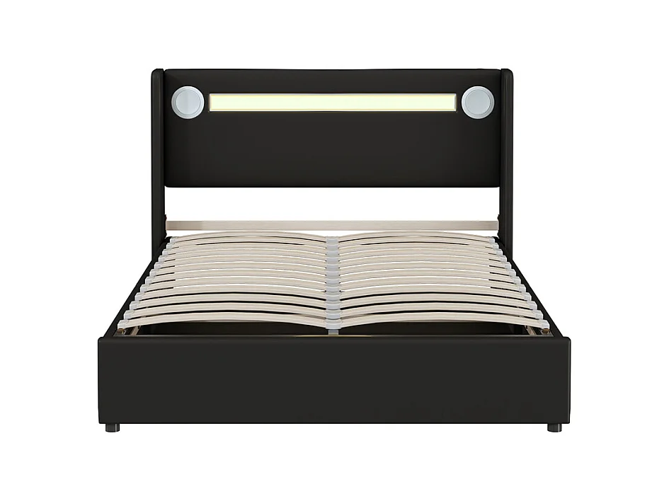 Lit rembourré 140x200cm lit sommier à lattes lit barre lumineuse à led lecteur bluetooth et recharge usb lit double cuir pu noir