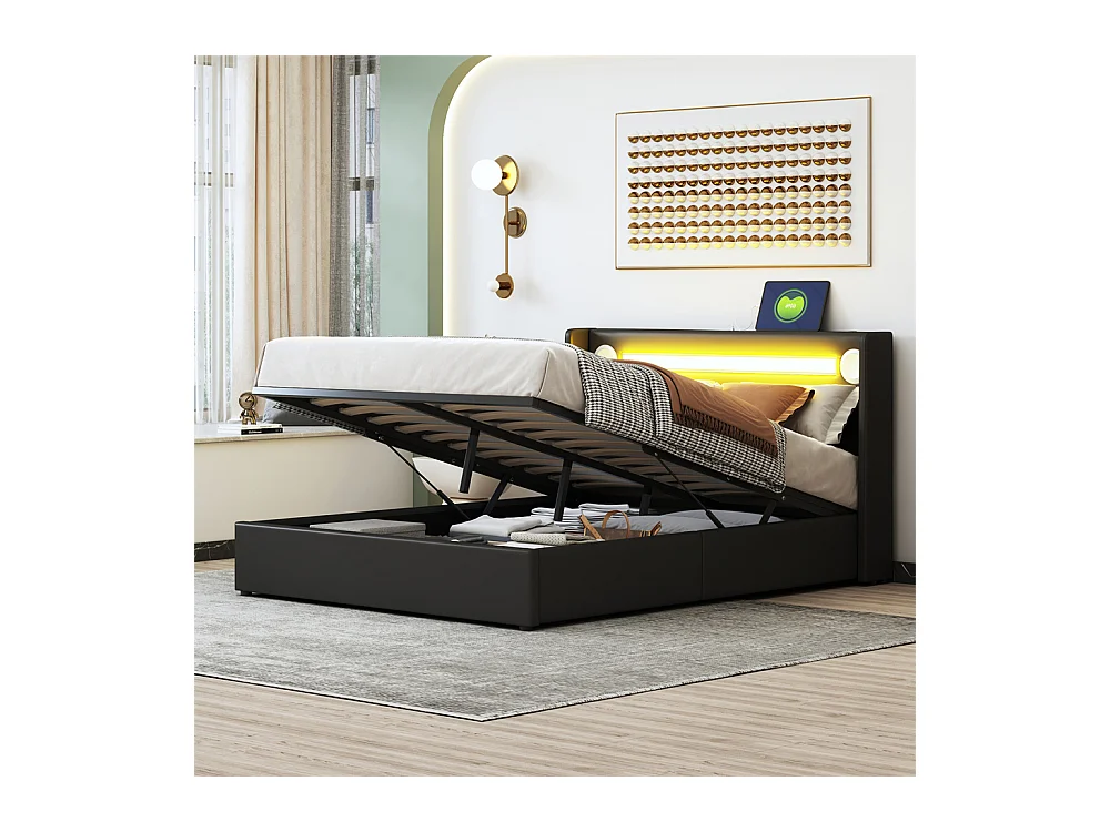 Lit rembourré 140x200cm lit sommier à lattes lit barre lumineuse à led lecteur bluetooth et recharge usb lit double cuir pu noir