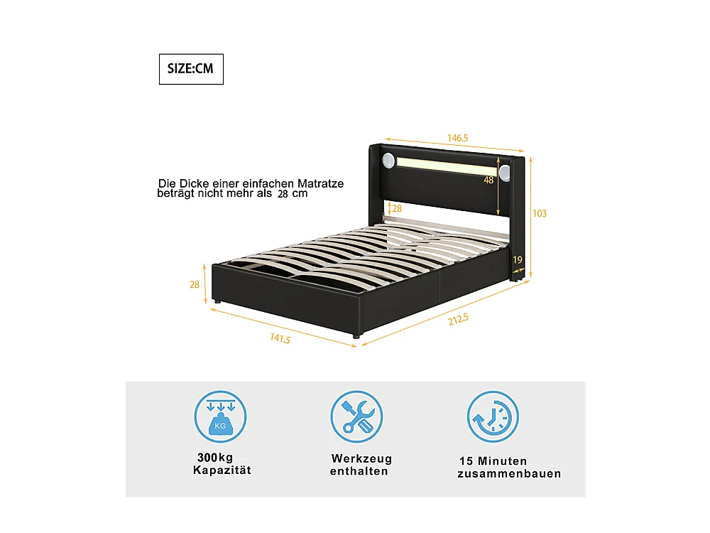 Lit rembourré 140x200cm lit sommier à lattes lit barre lumineuse à led lecteur bluetooth et recharge usb lit double cuir pu noir