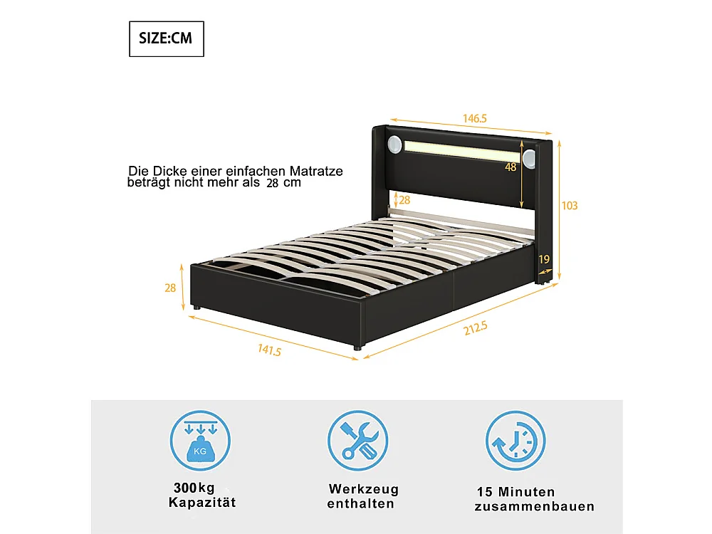 Lit rembourré 140x200cm lit sommier à lattes lit barre lumineuse à led lecteur bluetooth et recharge usb lit double cuir pu noir