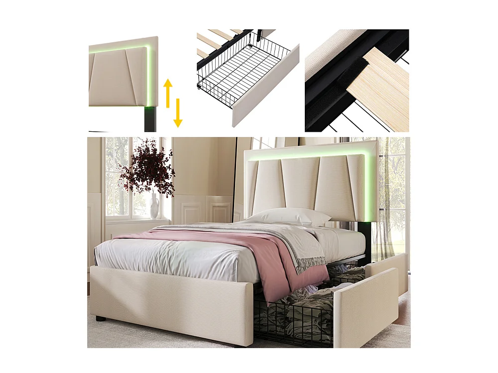 Lit adulte lit 90x200 cm lit rembourré lit eclairage led lit 2 tiroirs lit sommier à lattes en bois Single lin beige