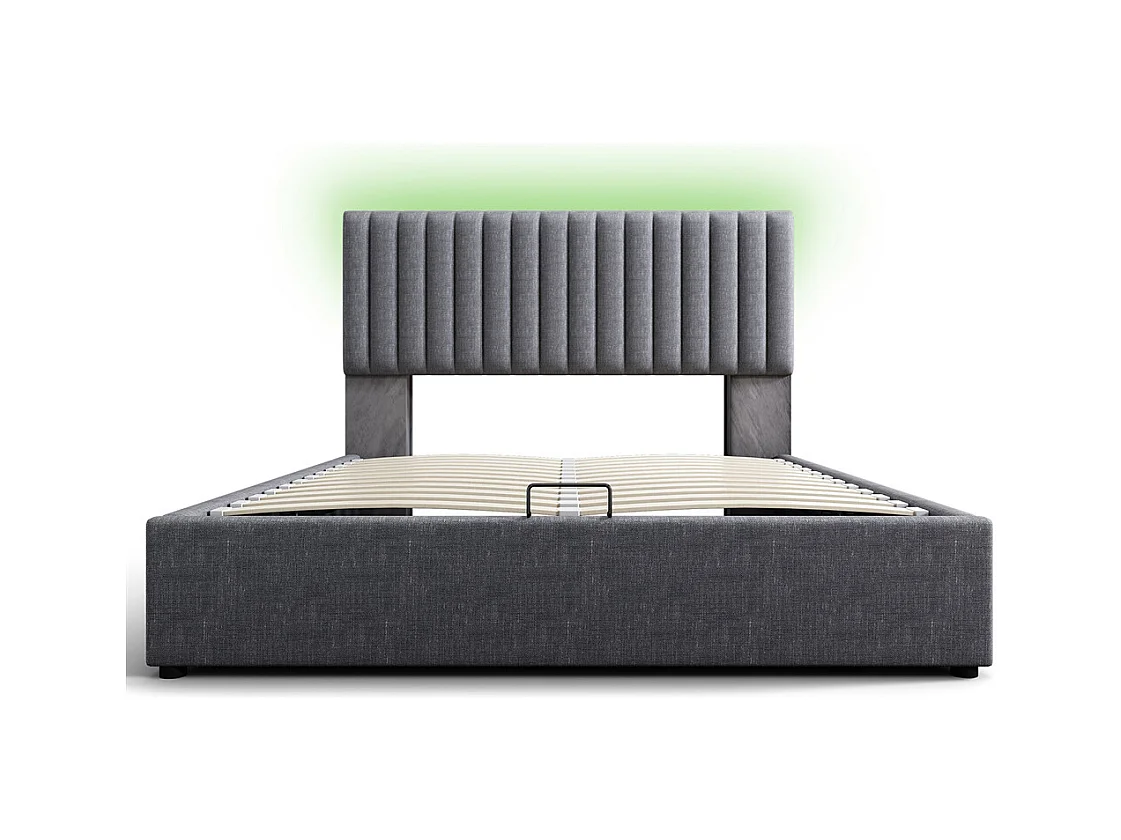 Gestoffeerd bed 140x200cm opbergbed met usb type c oplaadfunctie houten lattenbodem tweepersoonsbed grijs linnen