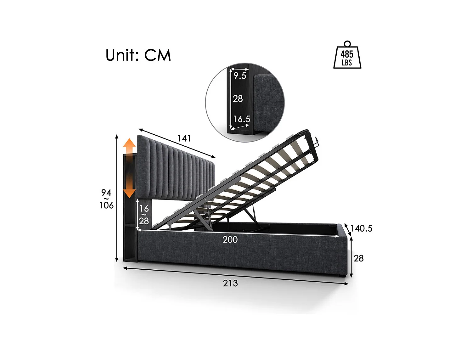 Gestoffeerd bed 140x200cm opbergbed met usb type c oplaadfunctie houten lattenbodem tweepersoonsbed grijs linnen