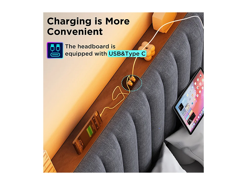 Gestoffeerd bed 140x200cm opbergbed met usb type c oplaadfunctie houten lattenbodem tweepersoonsbed grijs linnen