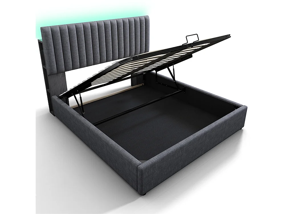 Gestoffeerd bed 140x200cm opbergbed met usb type c oplaadfunctie houten lattenbodem tweepersoonsbed grijs linnen