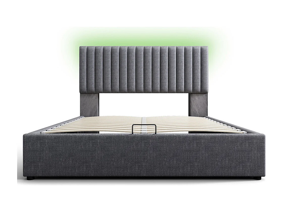 Gestoffeerd bed 140x200cm opbergbed met usb type c oplaadfunctie houten lattenbodem tweepersoonsbed grijs linnen