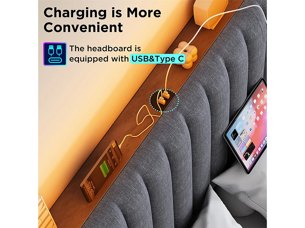 Gestoffeerd bed 140x200cm opbergbed met usb type c oplaadfunctie houten lattenbodem tweepersoonsbed grijs linnen