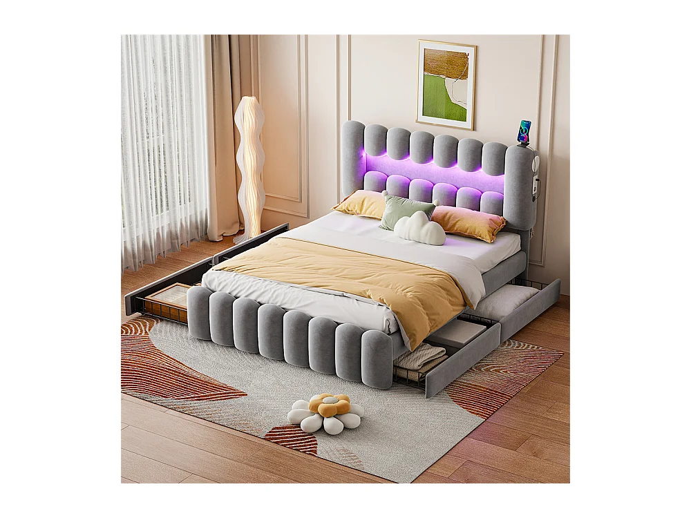 Volwassen bed 160x200 cm gestoffeerd bed met LED-lichtbalk 4-ladenbed met USB en stereo tweepersoonsbed grijs fluweel