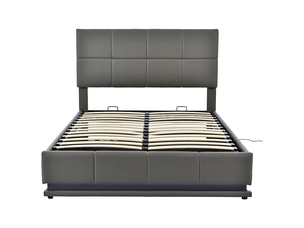 Volwassen bed 140x200 cm hydraulisch gestoffeerd bed met LED-verlichting tweepersoonsbed donkergrijs kunstleer