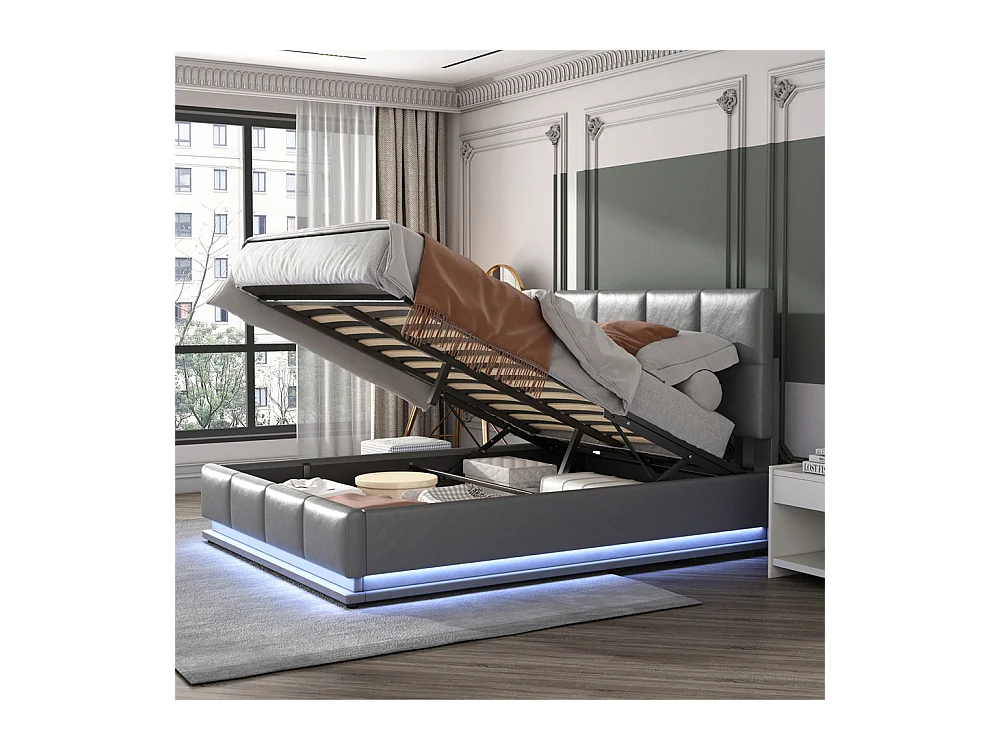 Volwassen bed 140x200 cm hydraulisch gestoffeerd bed met LED-verlichting tweepersoonsbed donkergrijs kunstleer