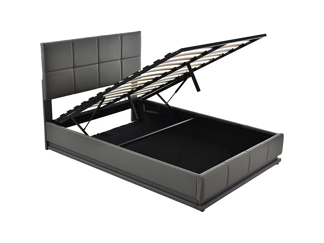 Volwassen bed 140x200 cm hydraulisch gestoffeerd bed met LED-verlichting tweepersoonsbed donkergrijs kunstleer