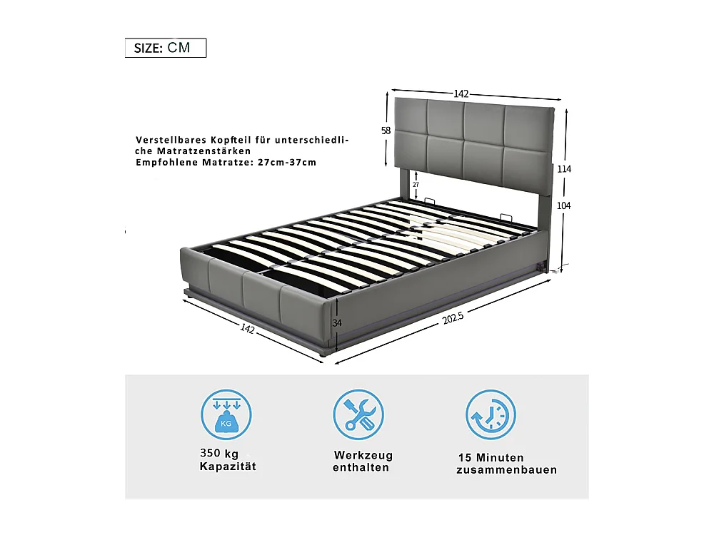 Volwassen bed 140x200 cm hydraulisch gestoffeerd bed met LED-verlichting tweepersoonsbed donkergrijs kunstleer