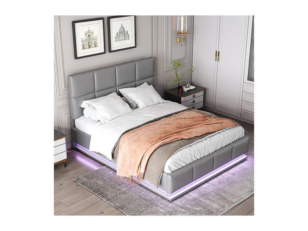 Volwassen bed 140x200 cm hydraulisch gestoffeerd bed met LED-verlichting tweepersoonsbed donkergrijs kunstleer