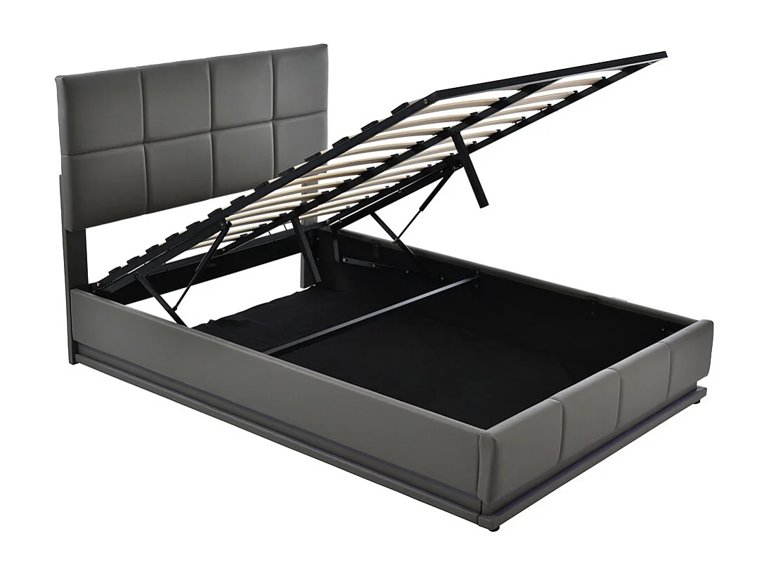 Volwassen bed 140x200 cm hydraulisch gestoffeerd bed met LED-verlichting tweepersoonsbed donkergrijs kunstleer