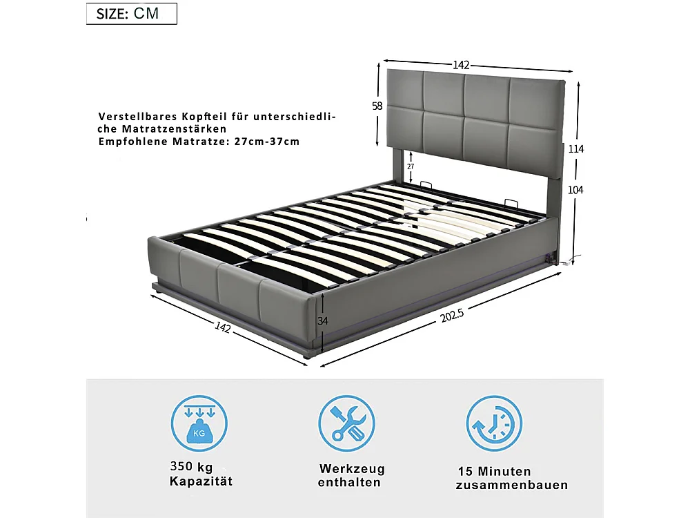 Volwassen bed 140x200 cm hydraulisch gestoffeerd bed met LED-verlichting tweepersoonsbed donkergrijs kunstleer