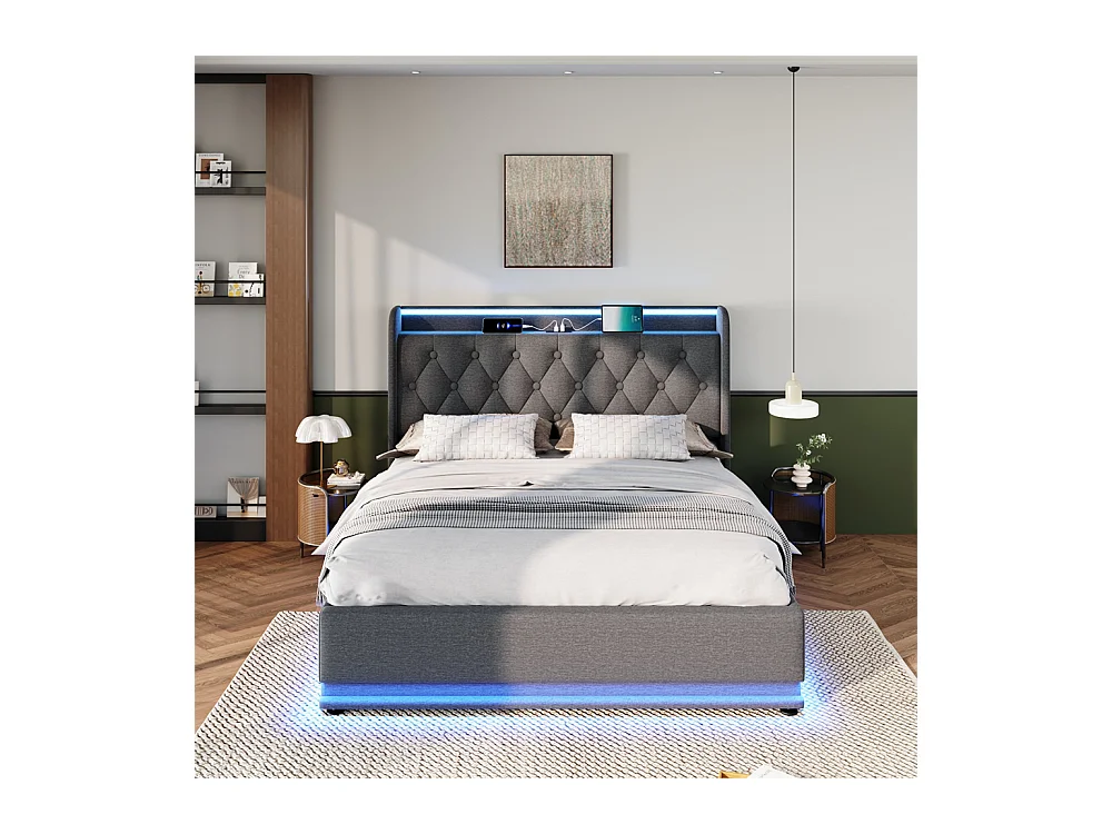 Lit rembourré hydraulique 140x200 cm lit appui-tête rembourré avec fonction de recharge usb type-c lit double lin gris