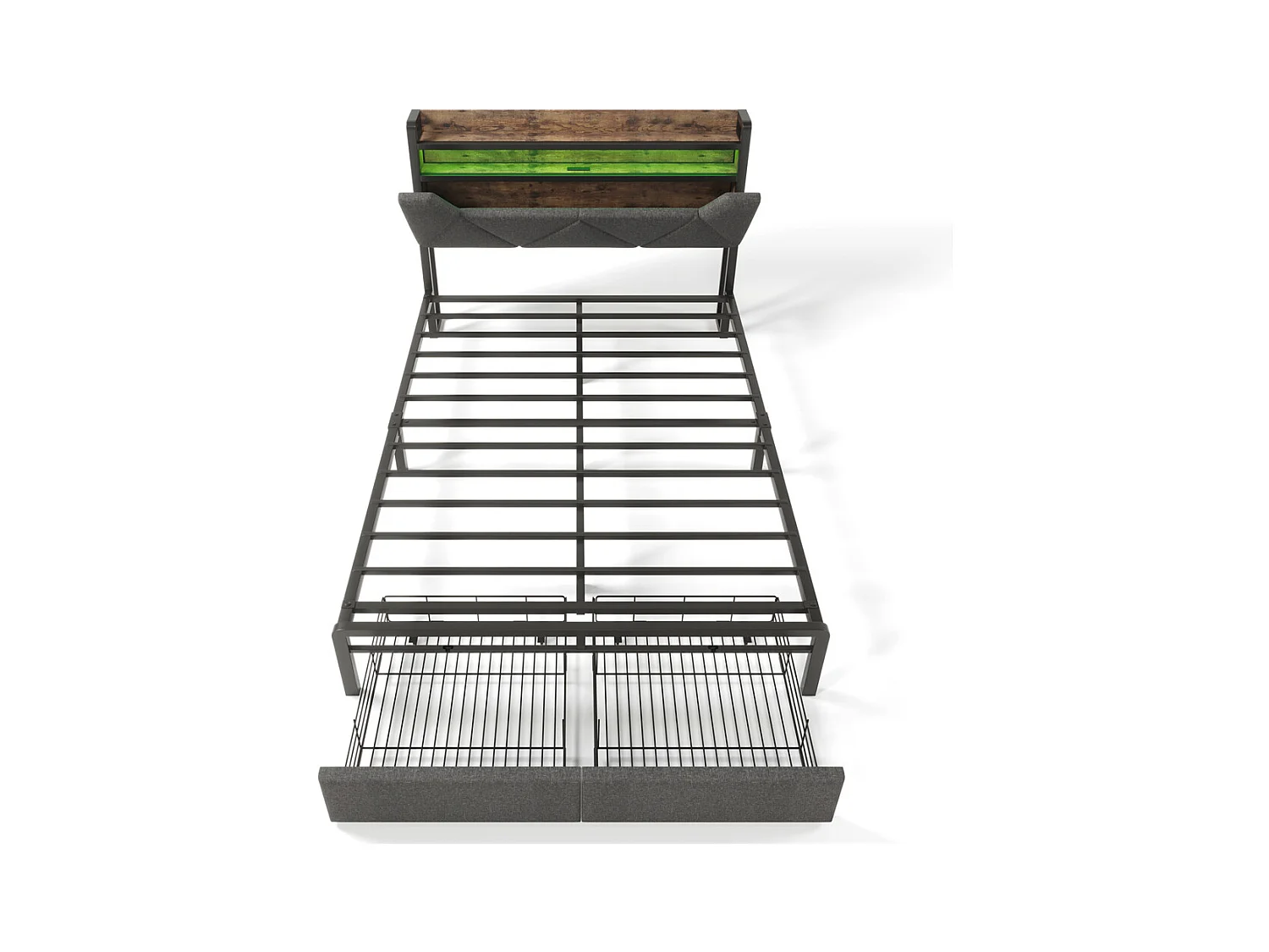 Volwassen bed 140x200 cm met metalen frame gestoffeerd bed met LED-verlichting en lades tweepersoonsbed grijs linnen