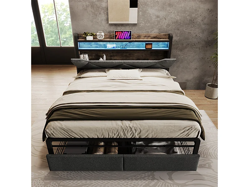 Volwassen bed 140x200 cm met metalen frame gestoffeerd bed met LED-verlichting en lades tweepersoonsbed grijs linnen