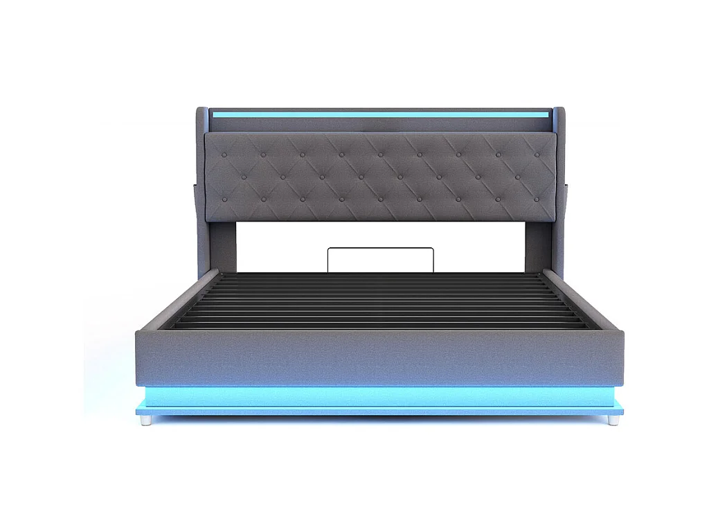 Volwassen bed 140x200 cm bed led gewatteerd hydraulisch tweepersoonsbed grijs linnen