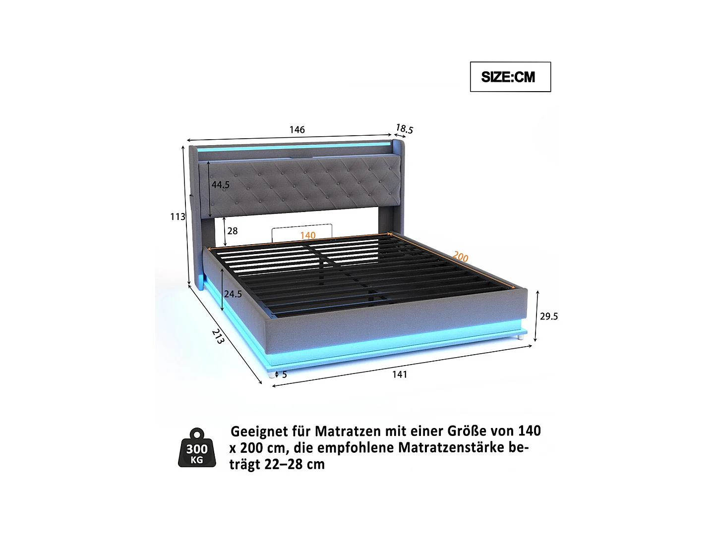 Volwassen bed 140x200 cm bed led gewatteerd hydraulisch tweepersoonsbed grijs linnen
