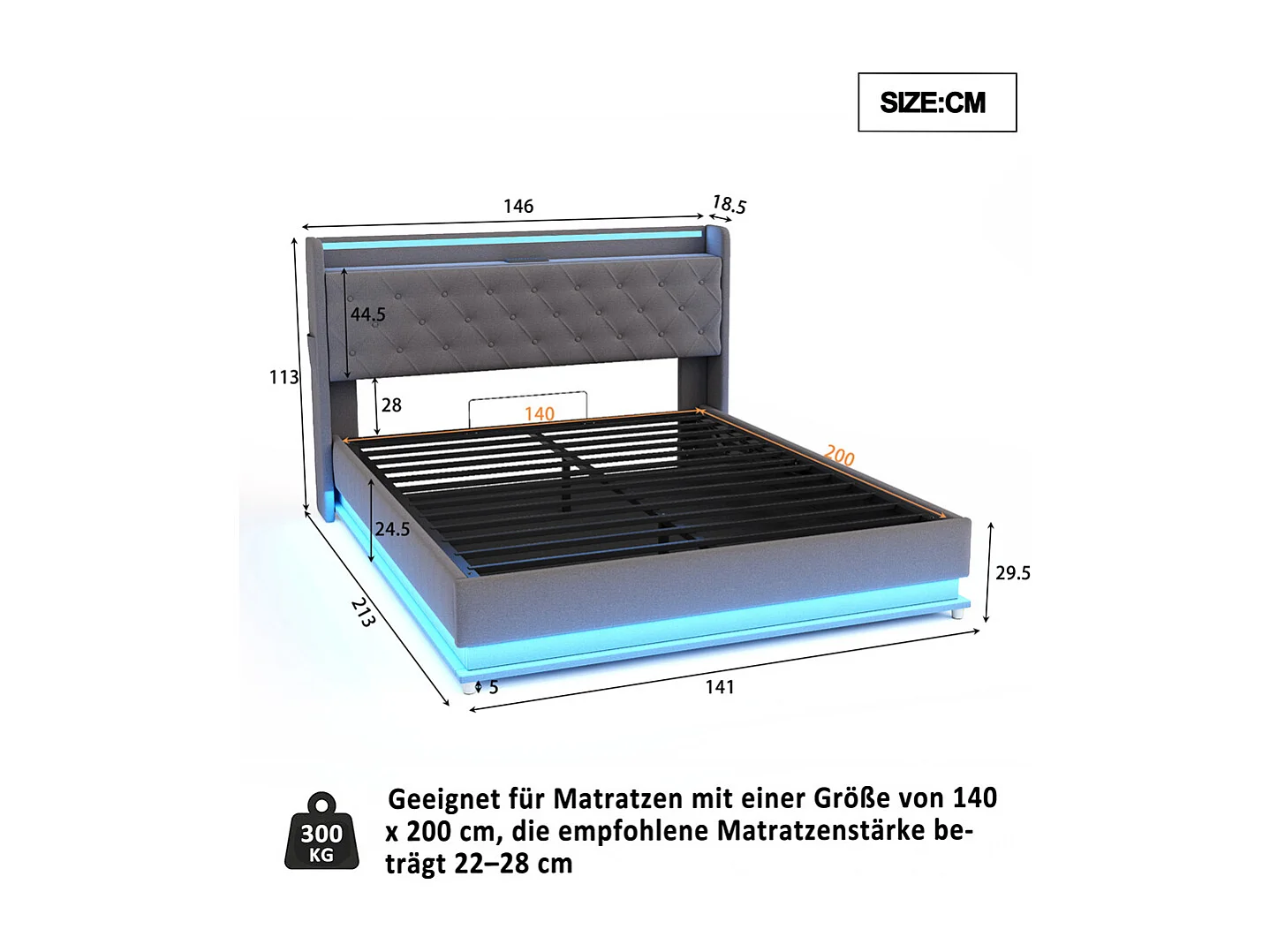 Volwassen bed 140x200 cm bed led gewatteerd hydraulisch tweepersoonsbed grijs linnen