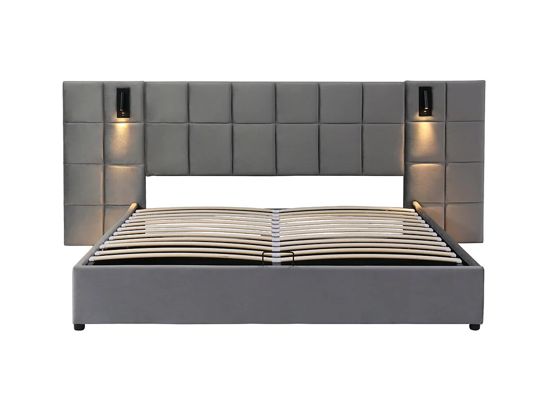 Volwassen bed 160x200 cm hydraulisch gestoffeerd bed opbergbed tweepersoonsbed grijs fluweel