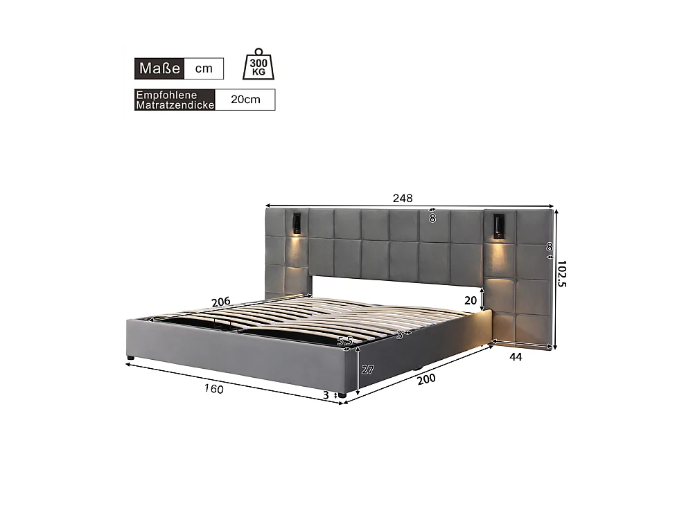 Volwassen bed 160x200 cm hydraulisch gestoffeerd bed opbergbed tweepersoonsbed grijs fluweel