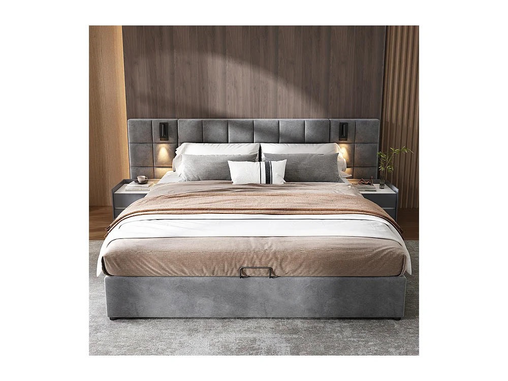 Volwassen bed 160x200 cm hydraulisch gestoffeerd bed opbergbed tweepersoonsbed grijs fluweel