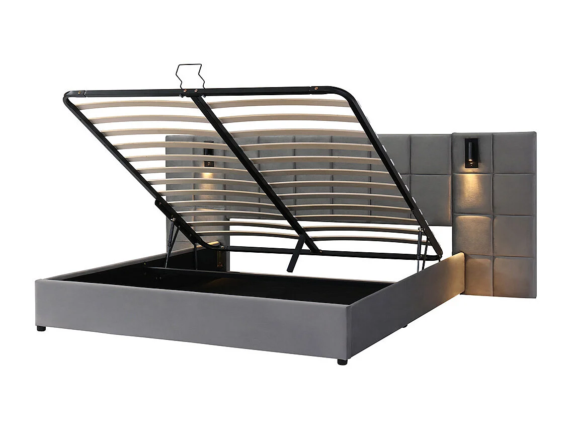 Volwassen bed 160x200 cm hydraulisch gestoffeerd bed opbergbed tweepersoonsbed grijs fluweel