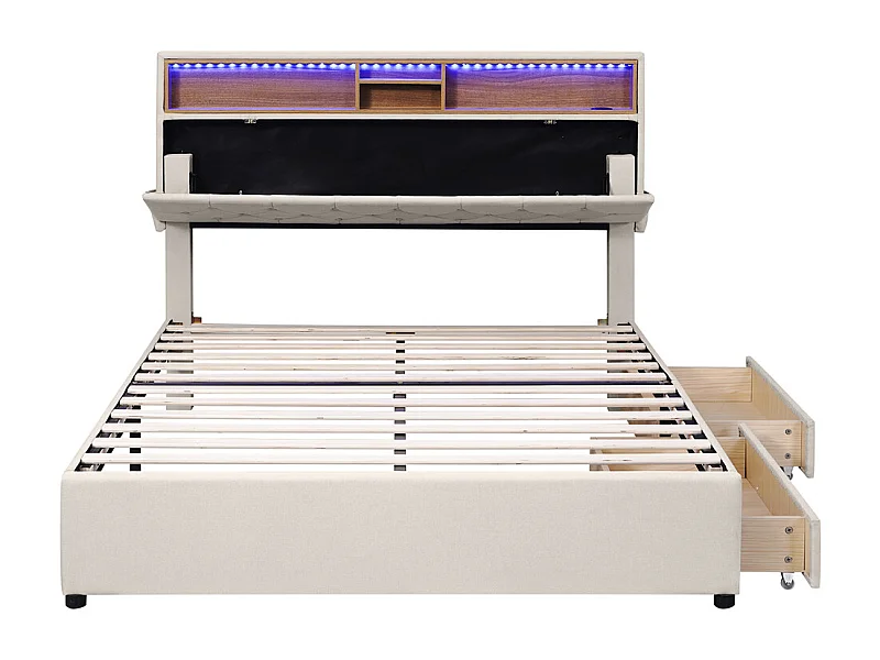 Lit rembourré 140x200 cm lit de rangement lit chargement par usb lit eclairage led lit deux tiroirs lit double lin beige