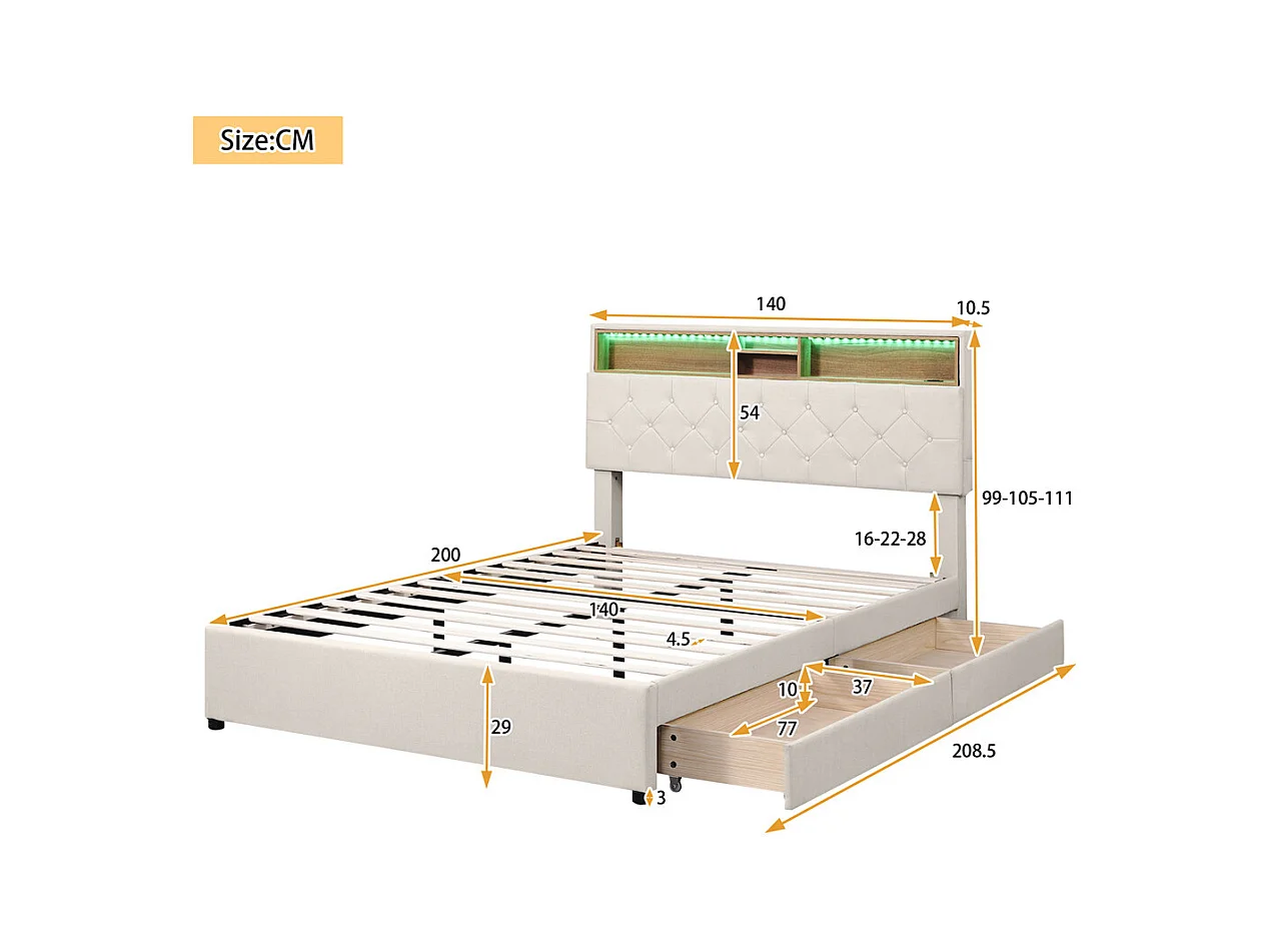 Lit rembourré 140x200 cm lit de rangement lit chargement par usb lit eclairage led lit deux tiroirs lit double lin beige