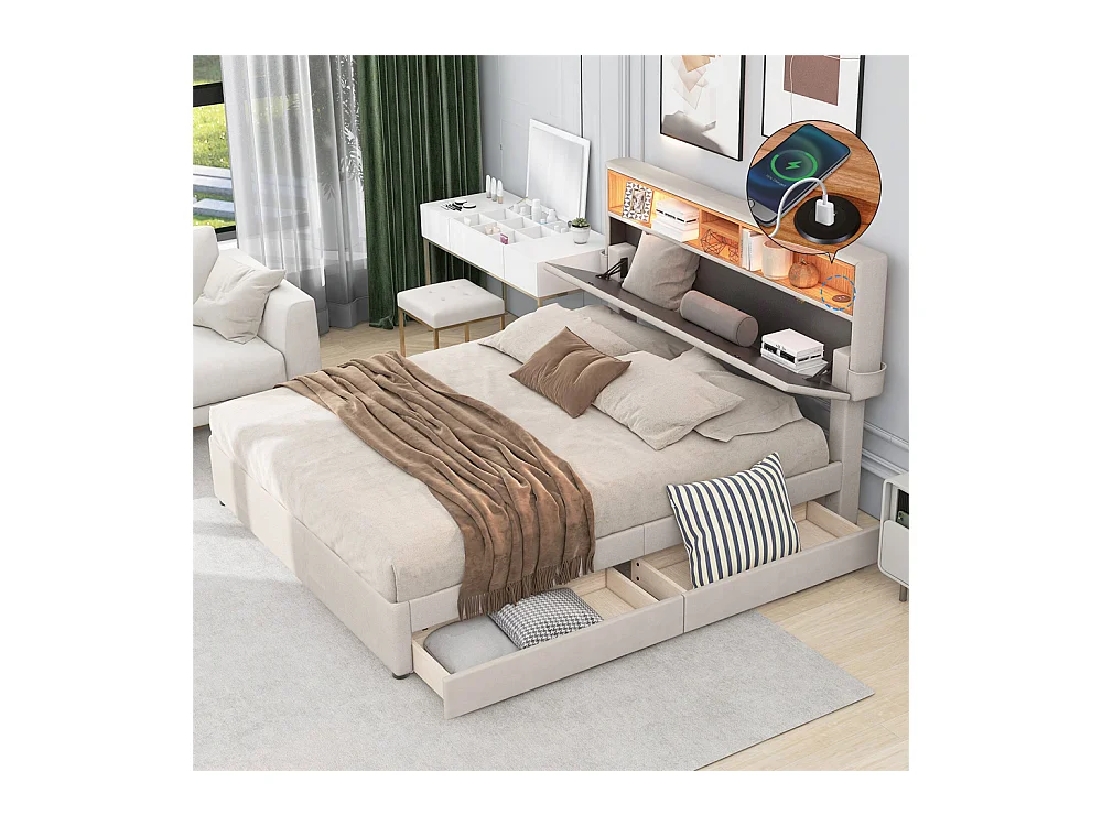 Lit rembourré 140x200 cm lit de rangement lit chargement par usb lit eclairage led lit deux tiroirs lit double lin beige