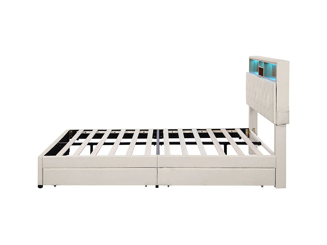 Lit rembourré 140x200 cm lit de rangement lit chargement par usb lit eclairage led lit deux tiroirs lit double lin beige
