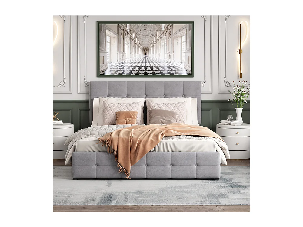 Lit adulte lit 140x200 cm lit rembourré hydraulique lit de rangement lit double velours gris